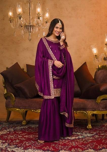 Diwali Special Purple Embroidery Sharara Set For Woman At Wholesale Rate Embroidery Kurtis 