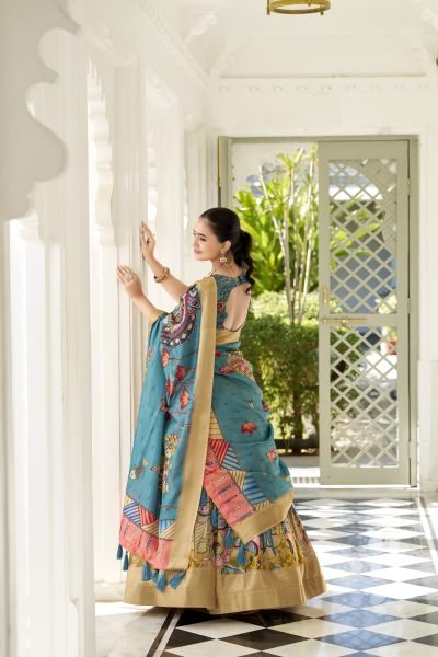 Dola Silk Weaving Border South Indian Half Saree Kalamkari Printed Lehenga Half Saree Lehenga