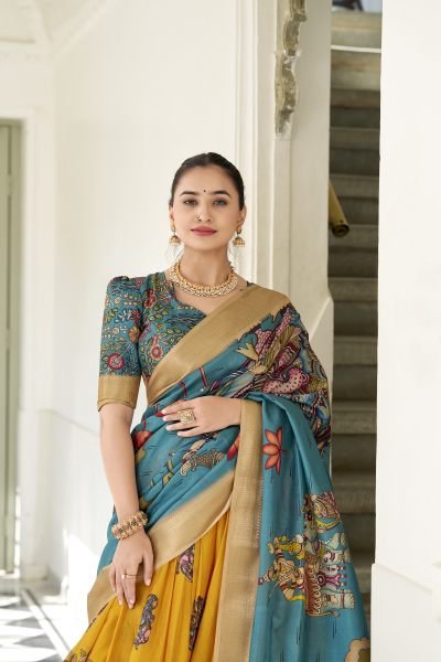 Dola Silk Weaving Border South Indian Half Saree Kalamkari Printed Lehenga Half Saree Lehenga