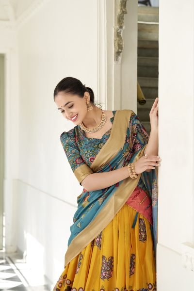 Dola Silk Weaving Border South Indian Half Saree Kalamkari Printed Lehenga Half Saree Lehenga
