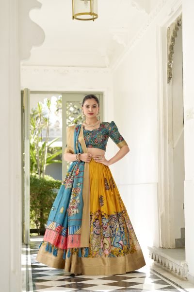 Dola Silk Weaving Border South Indian Half Saree Kalamkari Printed Lehenga Half Saree Lehenga