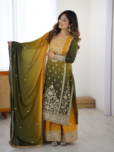 Dramatic Green Shaded Chinon Silk Coding Dori Work Suit with Plazzo And Dupatta for Festive Wear  Ready To Wear Collection