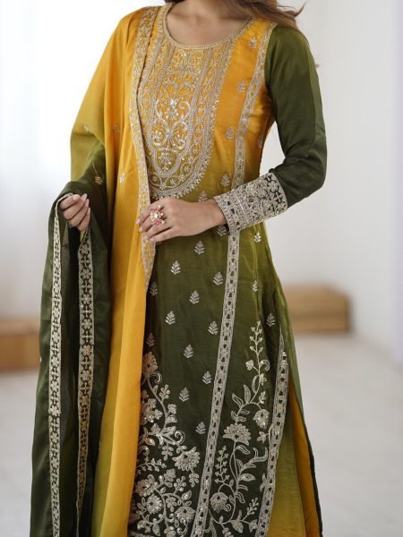 Dramatic Green Shaded Chinon Silk Coding Dori Work Suit with Plazzo And Dupatta for Festive Wear  Ready To Wear Collection