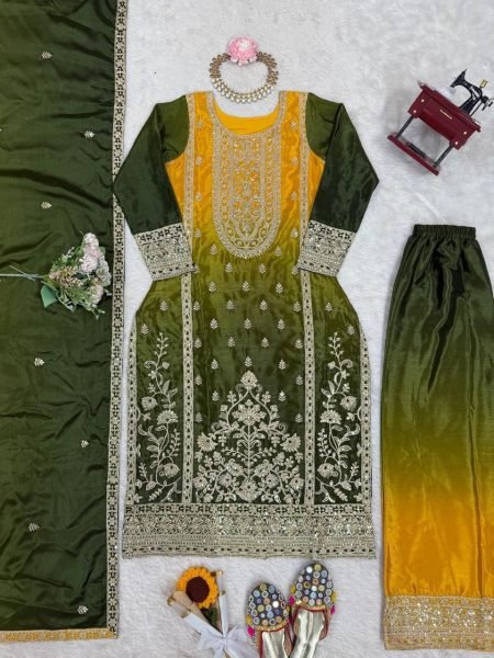 Dramatic Green Shaded Chinon Silk Coding Dori Work Suit with Plazzo And Dupatta for Festive Wear  Ready To Wear Collection