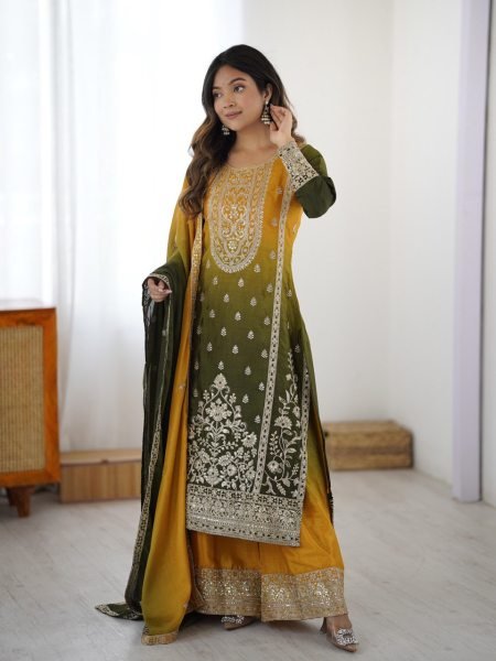 Dramatic Green Shaded Chinon Silk Coding Dori Work Suit with Plazzo And Dupatta for Festive Wear  Ready To Wear Collection