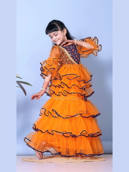 Dramatic Orange Raedy to Wear Net Kids Lehenga Choli for Manufacturer Rate Girls Wear