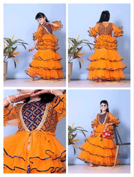 Dramatic Orange Raedy to Wear Net Kids Lehenga Choli for Manufacturer Rate Girls Wear