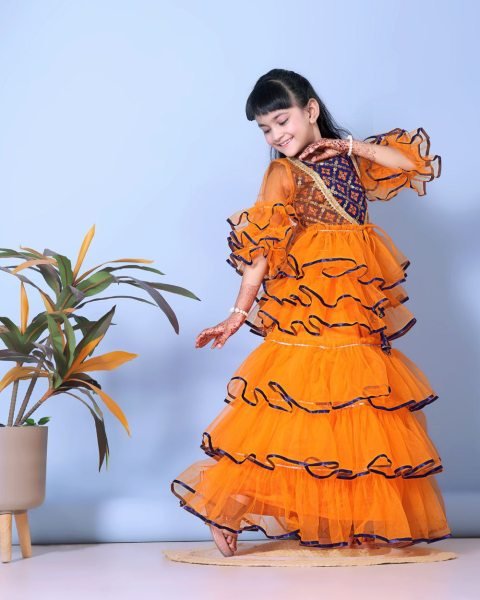 Dramatic Orange Raedy to Wear Net Kids Lehenga Choli for Manufacturer Rate Girls Wear