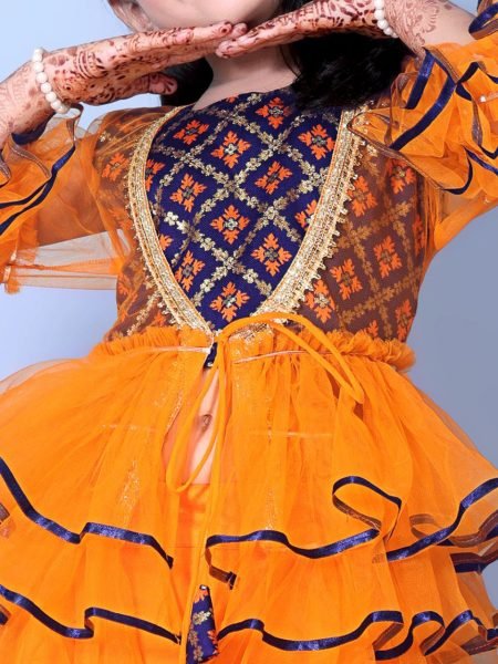 Dramatic Orange Raedy to Wear Net Kids Lehenga Choli for Manufacturer Rate Girls Wear