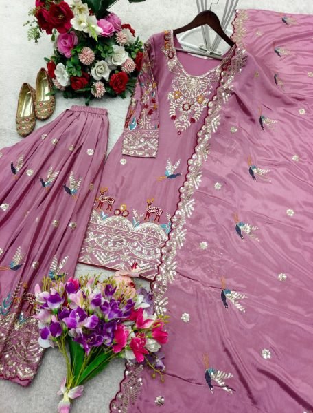 Dreamy Pink Chinon Silk Sequence Work Top With Embroidered Sharara And Dupatta Ready To Wear Collection