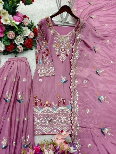 Dreamy Pink Chinon Silk Sequence Work Top With Embroidered Sharara And Dupatta Ready To Wear Collection