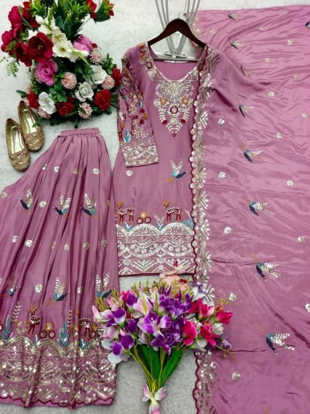 Dreamy Pink Chinon Silk Sequence Work Top With Embroidered Sharara And Dupatta Ready To Wear Collection