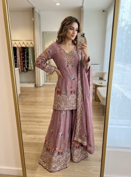 Dreamy Pink Chinon Silk Sequence Work Top With Embroidered Sharara And Dupatta Ready To Wear Collection