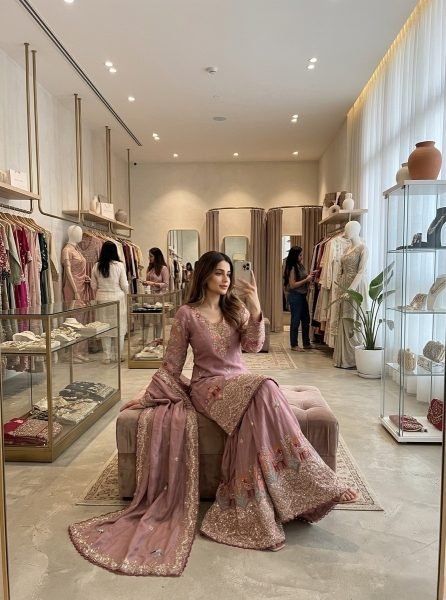Dreamy Pink Chinon Silk Sequence Work Top With Embroidered Sharara And Dupatta Ready To Wear Collection