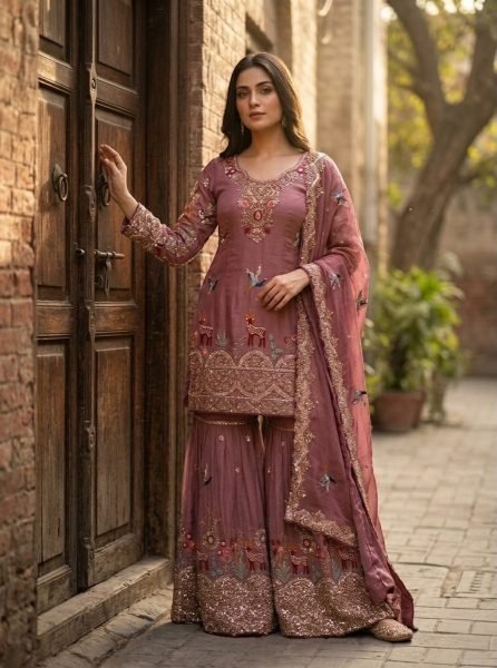 Dreamy Pink Chinon Silk Sequence Work Top With Embroidered Sharara And Dupatta Ready To Wear Collection