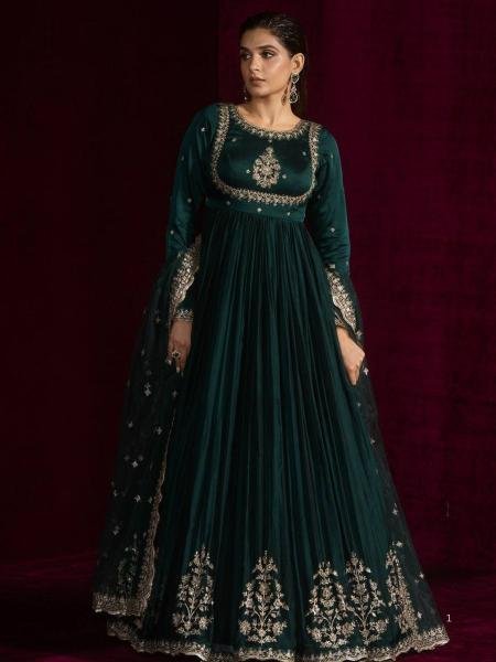 Dreamy Teal Green Japan Satin Anarkali Suit with Sequence Work For Party Wear Anarkali Kurtis 