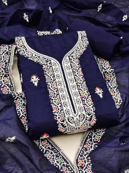 Navy Blue Chanderi Suit Set with Elegant Neck Embroidery & Dupatta