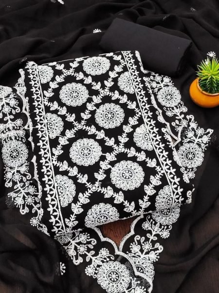 Classic Black Georgette Suit with Cotton Thread Work & Crape Bottom Dress Material 