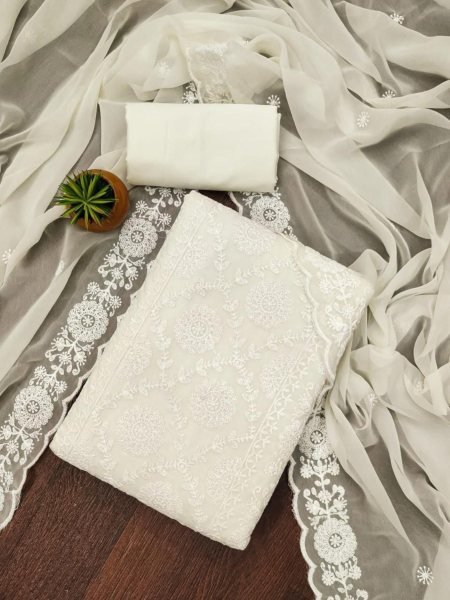White Georgette Embroidered Dress Material with Inner Soft & Stunning Dress Material 