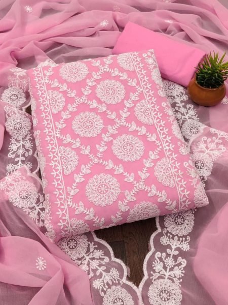 Baby Pink Georgette Suit Set with Elegant Thread Embroidery & Dupatta Dress Material 