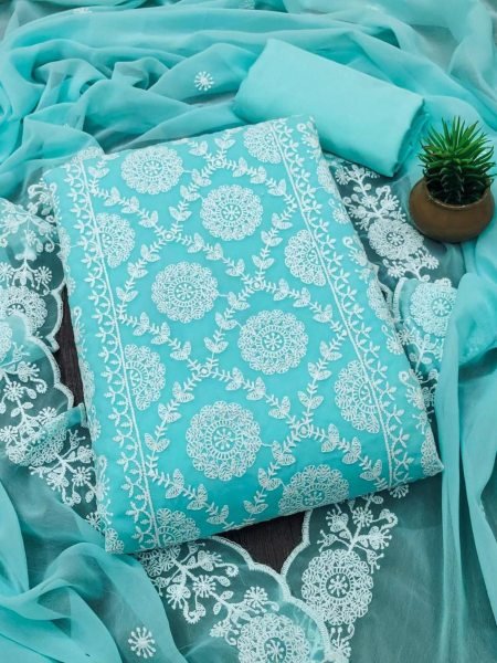 Teal Blue Unstitched Georgette Suit with Embroidery & Crape Bottom Dress Material 