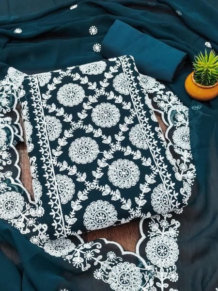 Teal Blue Unstitched Georgette Suit with Embroidery & Crape Bottom Dress Material 