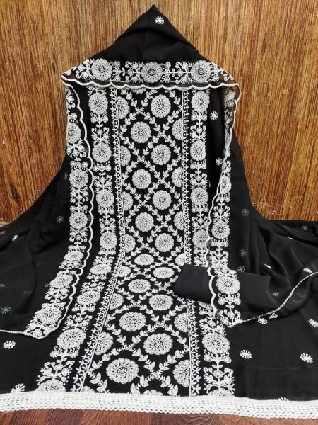 Classic Black Georgette Suit with Cotton Thread Work & Crape Bottom Color Set Matching Dress Material Wholesale