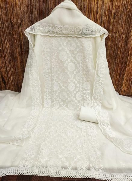 White Georgette Embroidered Dress Material with Inner Soft & Stunning Color Set Matching Dress Material Wholesale