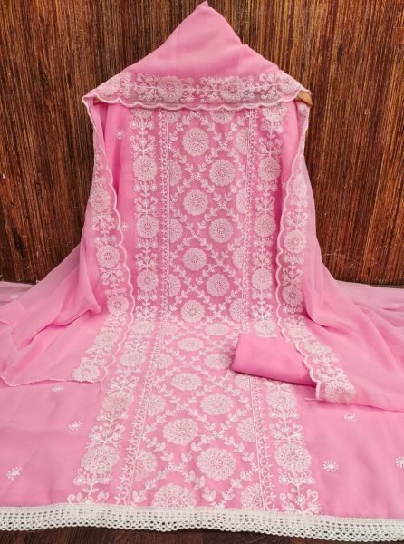 Baby Pink Georgette Suit Set with Elegant Thread Embroidery & Dupatta Color Set Matching Dress Material Wholesale