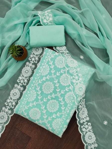 Teal Blue Unstitched Georgette Suit with Embroidery & Crape Bottom Color Set Matching Dress Material Wholesale
