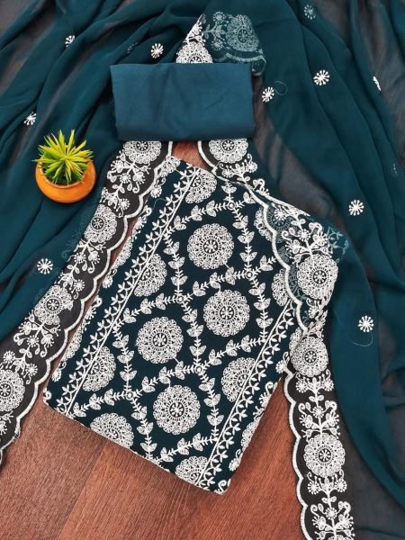 Teal Blue Unstitched Georgette Suit with Embroidery & Crape Bottom Color Set Matching Dress Material Wholesale