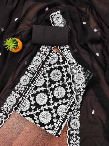 Classic Black Georgette Suit with Cotton Thread Work & Crape Bottom Color Set Matching Dress Material Wholesale