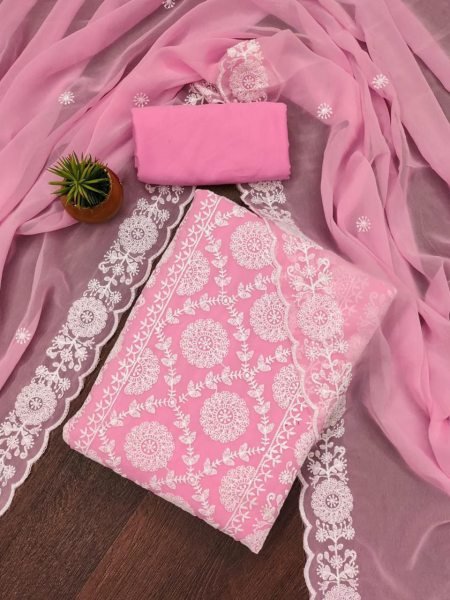 Baby Pink Georgette Suit Set with Elegant Thread Embroidery & Dupatta Color Set Matching Dress Material Wholesale