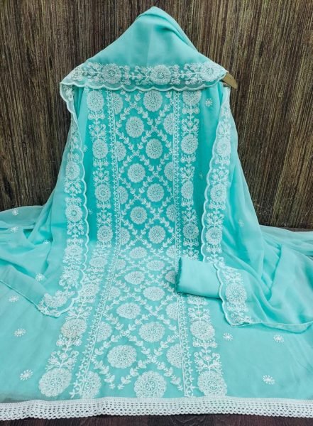 Teal Blue Unstitched Georgette Suit with Embroidery & Crape Bottom Color Set Matching Dress Material Wholesale