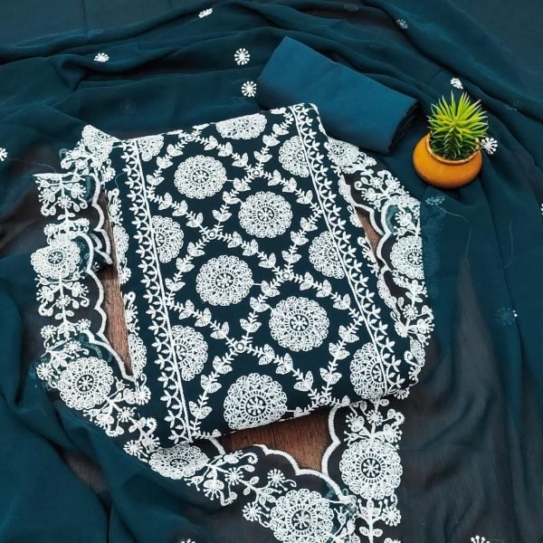 Teal Blue Unstitched Georgette Suit with Embroidery & Crape Bottom Color Set Matching Dress Material Wholesale
