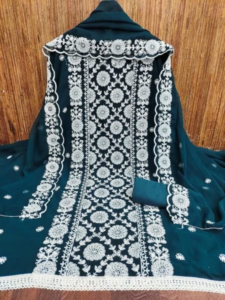 Teal Blue Unstitched Georgette Suit with Embroidery & Crape Bottom Color Set Matching Dress Material Wholesale