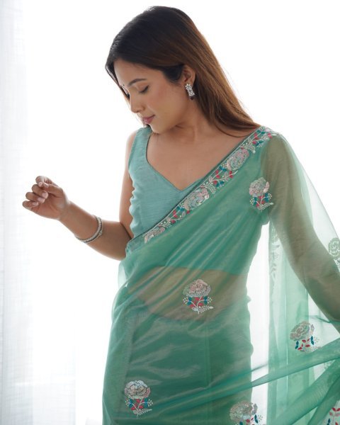 Dual Tone Gold Twill Net Saree with Multicolor Embroidery Exclusive Party Wear Looks Embroidery Sarees Wholesale