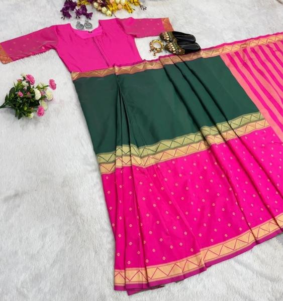 Dual Tone Mysore Silk Zip Gown Saree with Dupatta and Jacquard Work for Pongal Ready To Wear Saree 