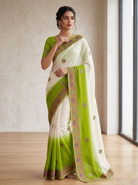 Dual-Tone White And Green Georgette Saree with Embroidered Butta Work  Sarees 