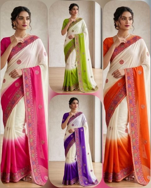 Dual Tone White And Green Georgette Saree with Embroidered Butta Work  Silk Sarees Wholesale