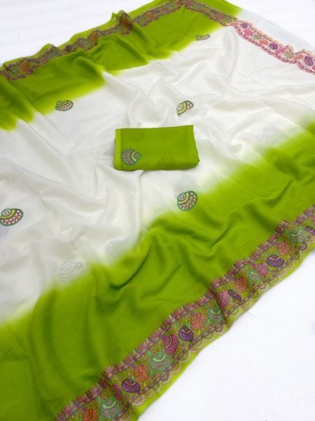 Dual Tone White And Green Georgette Saree with Embroidered Butta Work  Silk Sarees Wholesale