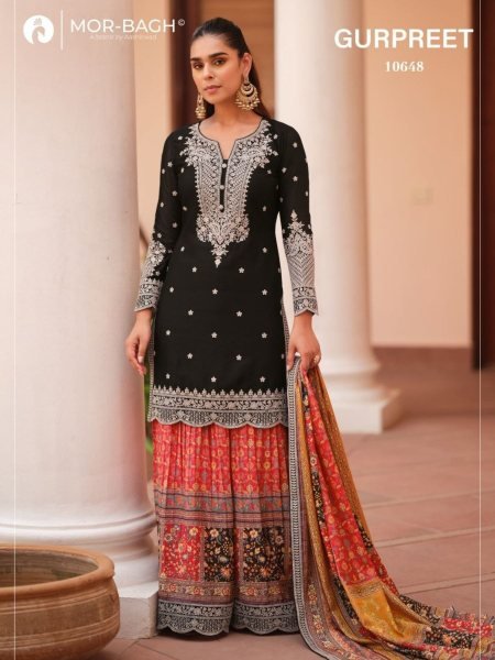 Durable Black Chinon Silk Embroidered Top and Digital Print Palazzo Set  Salwar Kameez