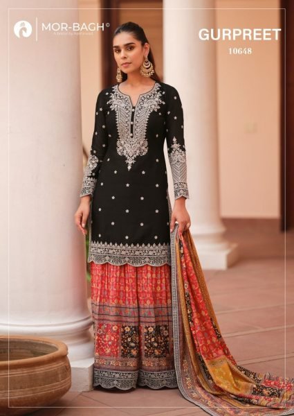 Durable Black Chinon Silk Embroidered Top and Digital Print Palazzo Set  Designer Plazzo Salwar Suits Wholesale