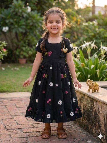 Durable Black Comfortable Kids Cotton Dress for Summer Outfits Kurtis