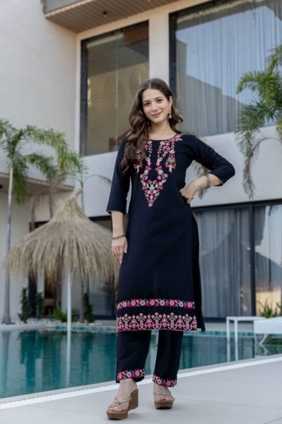 Durable Black Embroidered Floral Kurta Set With Dupatta For Office Wear  Straight Cut Long Kurtis