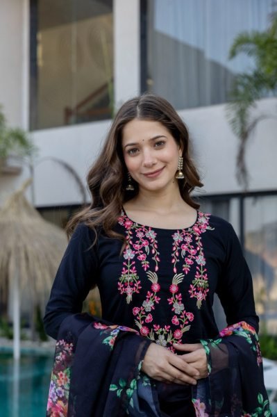 Durable Black Embroidered Floral Kurta Set With Dupatta For Office Wear  Straight Cut Long Kurtis