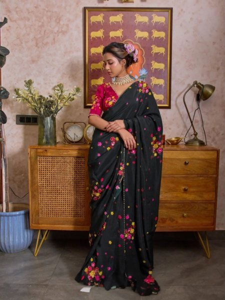Durable Black Floral Print Tabi Saree with Heavy Cut Dana Embroidery For Wedding Sarees 