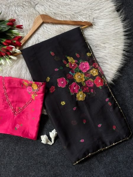 Durable Black Floral Print Tabi Saree with Heavy Cut Dana Embroidery For Wedding Printed Cotton Sarees Wholesale