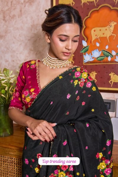 Durable Black Floral Print Tabi Saree with Heavy Cut Dana Embroidery For Wedding Printed Cotton Sarees Wholesale