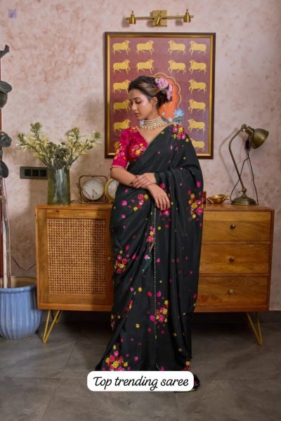 Durable Black Floral Print Tabi Saree with Heavy Cut Dana Embroidery For Wedding Printed Cotton Sarees Wholesale